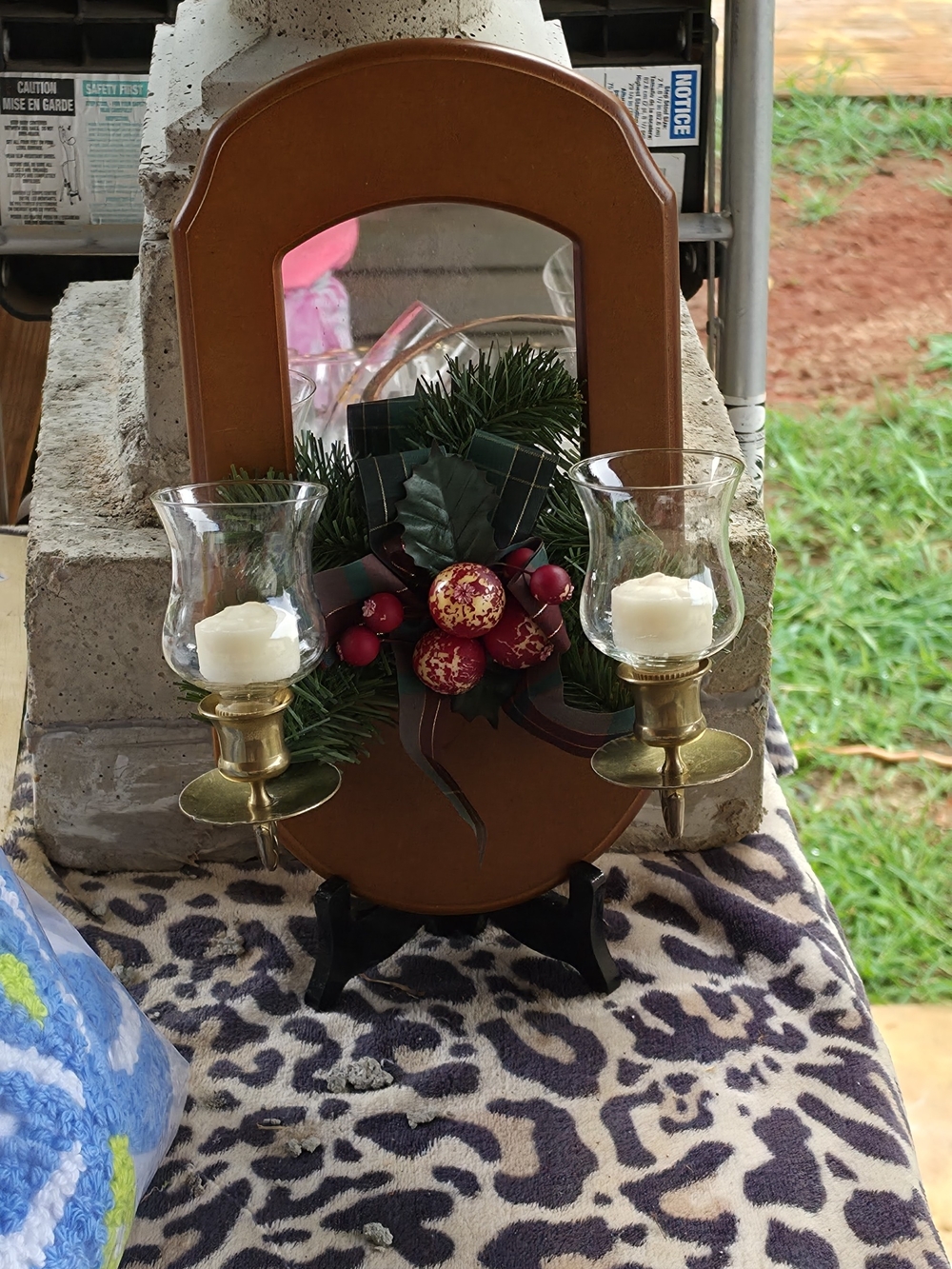 Wall-Mounted Brown Mirror Candle Sconce with Holiday Greenery ,(NEW IN BOX)